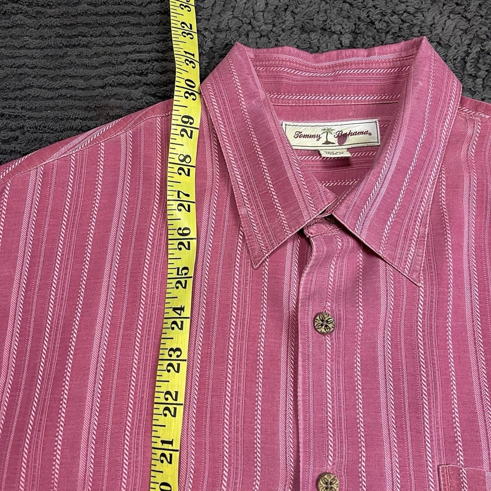 Tommy Bahama Men's Large Button Up Silk Shirt Pink Striped Short‎ Sleeve - Picture 5 of 5
